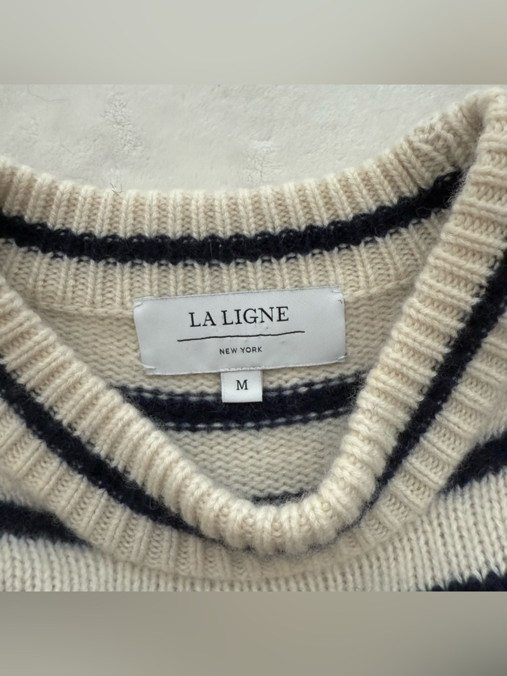 La Ligne Hardy Striped 100% Cashmere Pullover Sweater Medium Blue Cream Knit - Picture 8 of 13